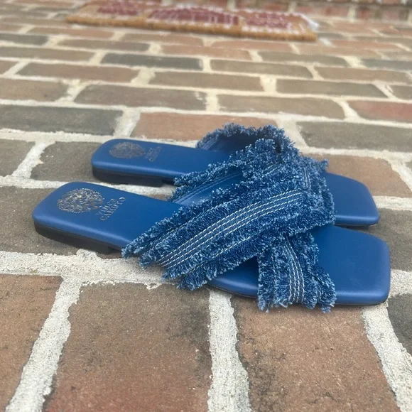 Vince Camuto Alanina Blue Denim Frayed Fringe Square Toe Flat Slides Mules 10 - Picture 3 of 8